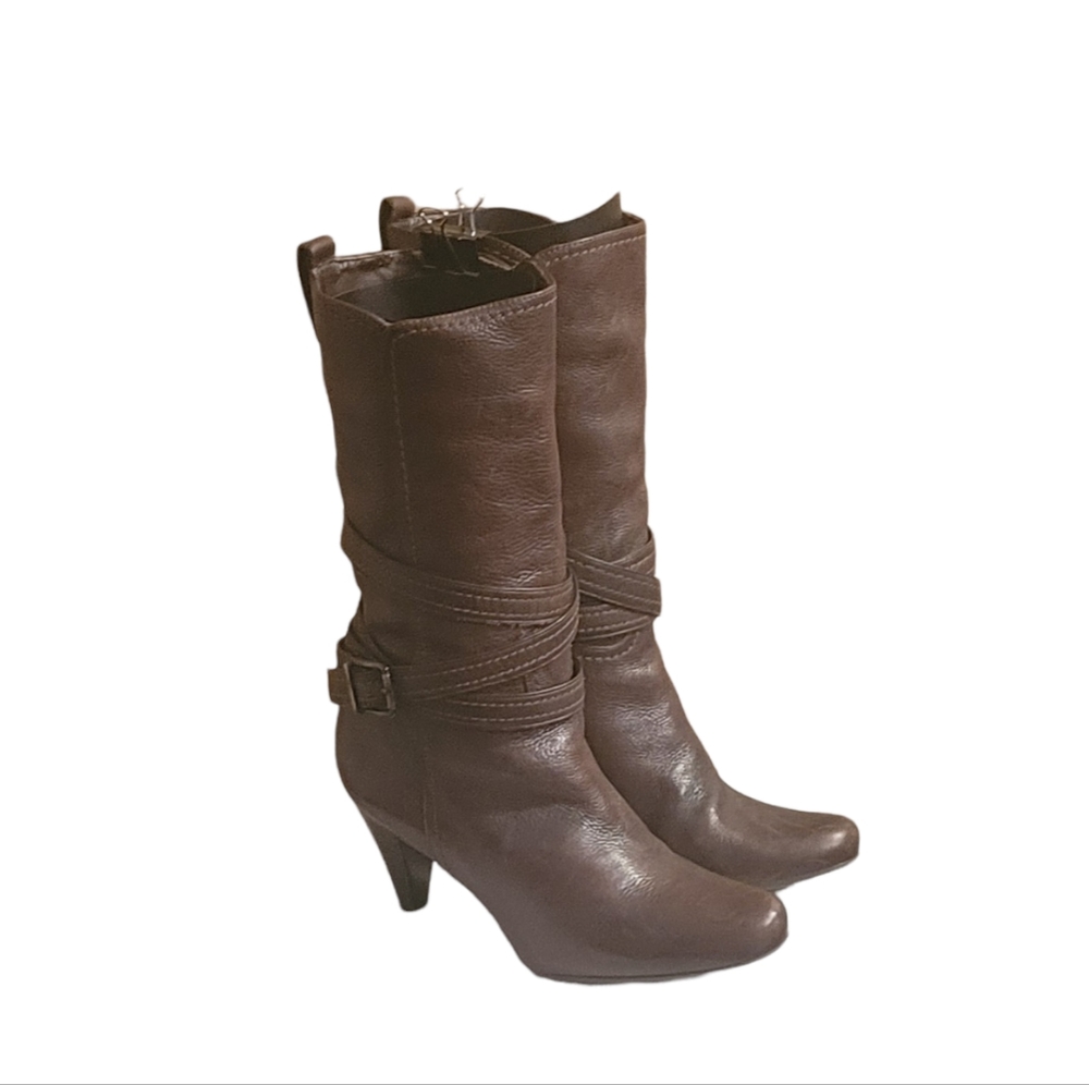 Women Vintage Leather Mid-Calf Buckle Detail Boots By Gianni Bini Size 9.5M